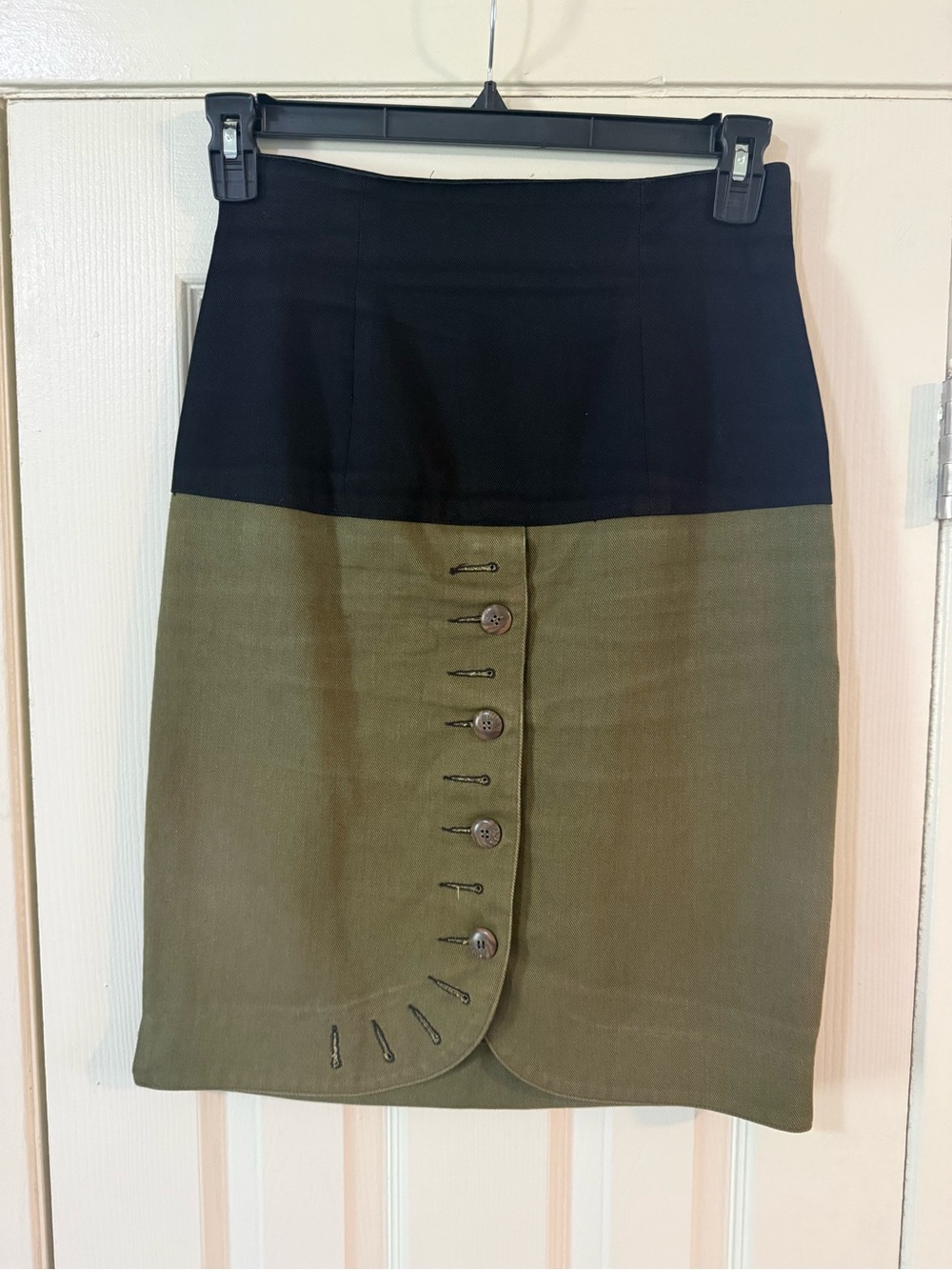 Olive and Black High-Waist Button-Front Midi Skirt